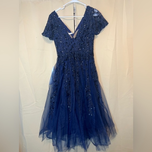 Mac Duggal 20304 NWT EMBELLISHED FLUTTER SLEEVE TEA-LENGTH DRESS - Blue - Picture 6 of 15